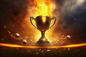 Sports background. Burning trophy goblet. Winner in a competition. Fire and energy. Football field with golden goblet AI Generated photo