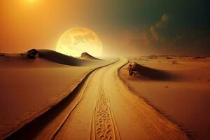 Road parted by a sandy path to the sun. Background AI Generated photo