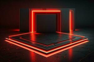 Futuristic sci-fi abstract red neon light shapes on black background and reflective concrete with blank space for 3D text AI Generated photo