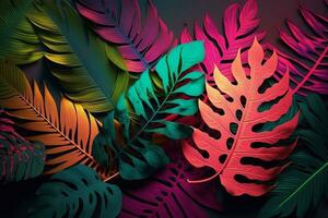 creativo fluorescente color diseño hecho de tropical hojas, plano laico neón colores ai generado foto