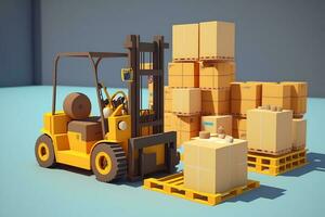 Forklift loads pallets and boxes in warehouse AI Generated photo