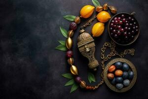 Top view image of decoration Ramadan Kareem, dates fruit, aladdin lamp and rosary beads on dark stone background. Flat lay with copy space AI Generated photo
