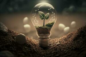 Light bulb is located on the soil, and plant are growing with wind turbine AI Generated photo