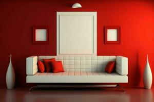 Interior design of modern white couch on red wall background AI Generated photo