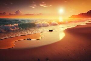 mar arena playa. panorámico playa paisaje naranja y dorado puesta de sol ai generado foto