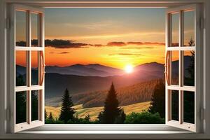 View on beautiful sunrise from home window AI Generated photo