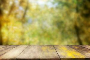 Empty rustic wooden table with defocused yellowish lush foliage at background AI Generated photo