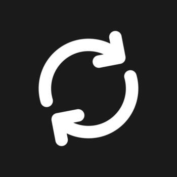 Synchronization dark mode glyph ui icon. Rotating arrows. Sync process. User interface design. White silhouette symbol on black space. Solid pictogram for web, mobile. Vector isolated illustration