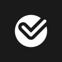 Accept button dark mode glyph ui icon. Approve changes. Toolbar control. User interface design. White silhouette symbol on black space. Solid pictogram for web, mobile. Vector isolated illustration