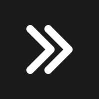 Right double arrow dark mode glyph ui icon. Fast forward button. Speed up. User interface design. White silhouette symbol on black space. Solid pictogram for web, mobile. Vector isolated illustration