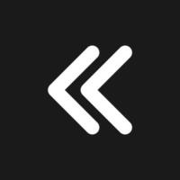 Left double arrow dark mode glyph ui icon. Double chevrons. Fast reverse. User interface design. White silhouette symbol on black space. Solid pictogram for web, mobile. Vector isolated illustration