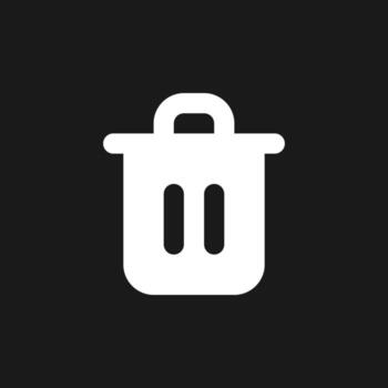 Trash can dark mode glyph ui icon. Delete button. Recycle bin. Container. User interface design. White silhouette symbol on black space. Solid pictogram for web, mobile. Vector isolated illustration