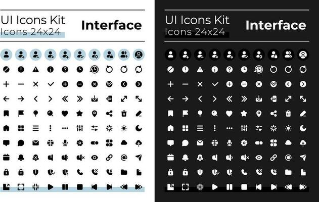 Minimalistic and simple looking glyph ui icons set for dark, light mode. Silhouette symbols for night, day themes. Solid pictograms. Vector isolated illustrations