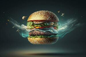 Burger with flying elements AI Generated photo