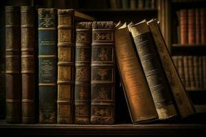 Old leather bound books on a shelf in a library AI Generated photo