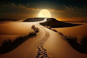 Road parted by a sandy path to the sun. Background AI Generated photo