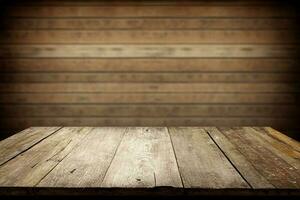 Empty wood table with old wooden wall background AI Generated photo