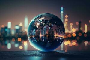 Planet earth on the background of blurred lights of the city AI Generated photo