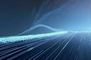 Futuristic flight through a digital line landscape Blue dust particle abstract background AI Generated photo