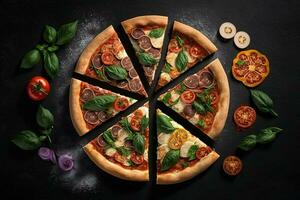 italiano Pizza en un negro antecedentes con parte superior ver ai generado foto