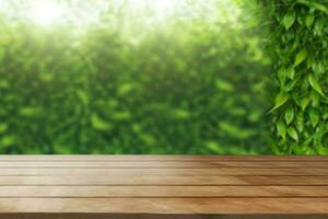 wood table green wall background sunlight window create leaf shadow with blur AI Generated photo