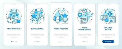 Microlearning examples blue onboarding mobile app screen. Walkthrough 5 steps editable graphic instructions with linear concepts. UI, UX, GUI template vector
