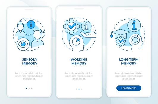 Memory and microlearning blue onboarding mobile app screen. Walkthrough 3 steps editable graphic instructions with linear concepts. UI, UX, GUI template vector