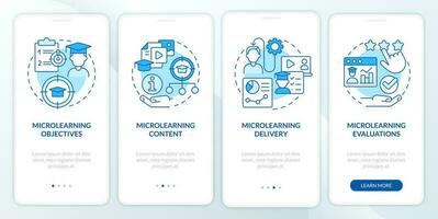 Parts of microlearning blue onboarding mobile app screen. Walkthrough 4 steps editable graphic instructions with linear concepts. UI, UX, GUI template vector
