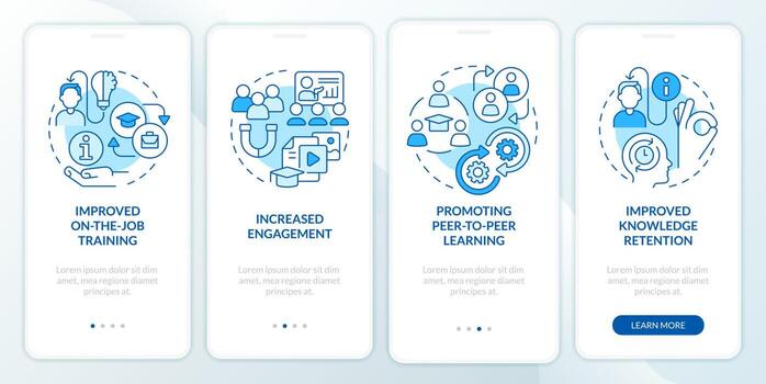 Microlearning benefits blue onboarding mobile app screen. Walkthrough 4 steps editable graphic instructions with linear concepts. UI, UX, GUI template vector