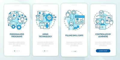 Micro learning strategies blue onboarding mobile app screen. Walkthrough 4 steps editable graphic instructions with linear concepts. UI, UX, GUI template vector