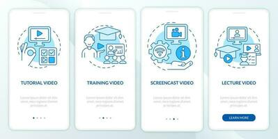 Microlearning video examples blue onboarding mobile app screen. Walkthrough 4 steps editable graphic instructions with linear concepts. UI, UX, GUI template vector