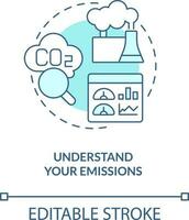 Understand your emissions turquoise concept icon. Transforming to net zero abstract idea thin line illustration. Isolated outline drawing. Editable stroke vector