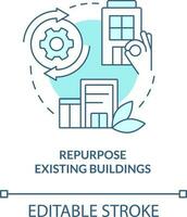 Repurpose existing buildings turquoise concept icon. Carbon neutralization strategy abstract idea thin line illustration. Isolated outline drawing. Editable stroke vector