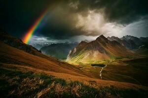 paisaje naturaleza montaña en Alpes con arco iris ai generado foto