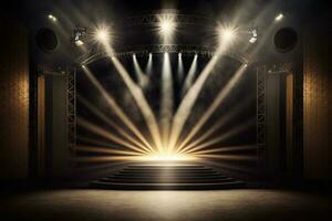 Empty stage with lighting equipment on a stage spotlight shines on the stage AI Generated photo