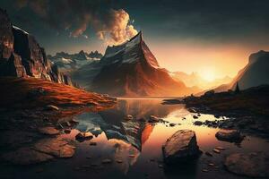 naturaleza montaña paisaje a puesta de sol ai generado foto