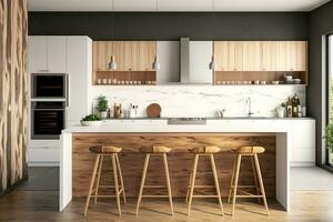 Modern white and wooden kitchen interior design architecture idea AI Generated photo