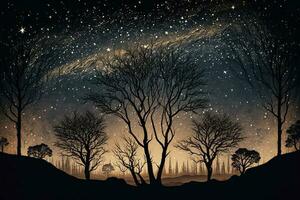 Landscape showing trees against magical and starry night sky full of stars AI Generated photo