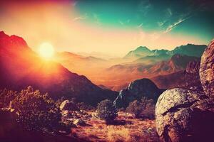Panoramic view of colorful sunrise in mountains AI Generated photo
