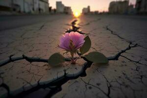 Close up, Pink flower growing on crack street sunset background AI Generated photo