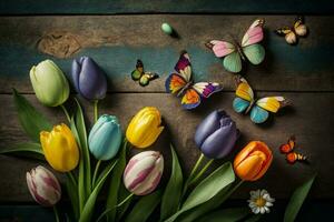 Easter background. Colorful spring tulips with butterflies and painted eggs on vintage wooden board AI Generated photo