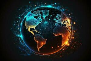 Map of the planet. World map. Global social network. Future. Vector. Blue futuristic background with planet Earth. Internet and technology. Night view of Earth on the sunrise  AI Generated photo