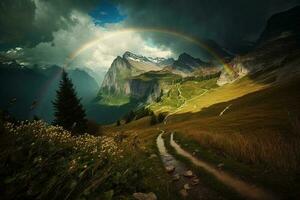 paisaje naturaleza montaña en Alpes con arco iris ai generado foto