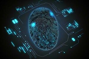 huella dactilar escanear proporciona acceso de seguridad y identificación de negocio, bancario y finanzas, nube informática ai generado foto