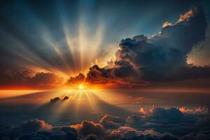 Sunrise dramatic blue sky with orange sun rays breaking through the clouds. Nature background AI Generated photo