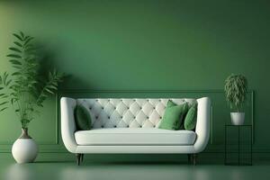 Interior design scene white couch on a green wall background with copy space AI Generated photo