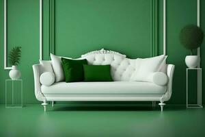 Interior design scene white couch on a green wall background with copy space AI Generated photo