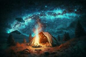 cámping fuego debajo el increíble azul estrellado cielo con un lote de brillante estrellas y nubes ai generado foto