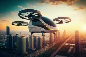 Autonomous driverless aerial vehicle flying on city background Future transportation AI Generated photo