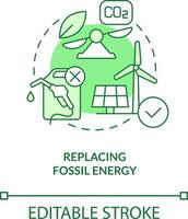 Replacing fossil energy green concept icon. Reducing CO2 concentration. Net zero abstract idea thin line illustration. Isolated outline drawing. Editable stroke vector